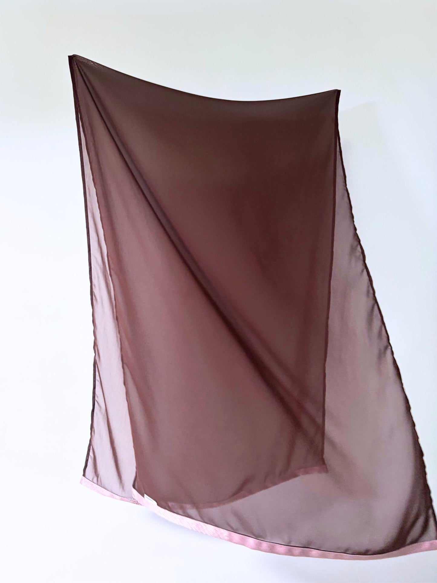 Alternative angle of Earth and Bloom sheer silk hijab, highlighting the warm brown tones and delicate weave of authentic vintage Japanese kimono fabric.