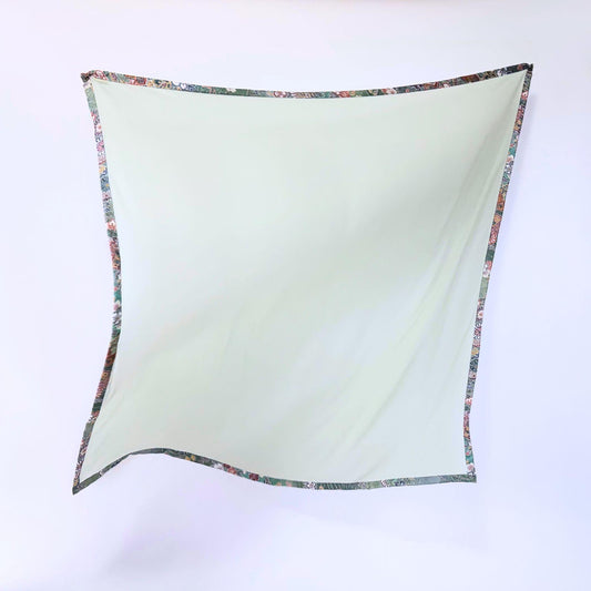 Alternative angle of Awakening Spring silk scarf hijab, highlighting the soft drape and fresh spring morning colors of upcycled vintage silk.