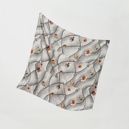 Full view of "BUDDING MORNING" headscarf featuring a sophisticated upcycled vintage Kimono pattern with orange and turquoise floral motifs on a monochrome stippled background.
