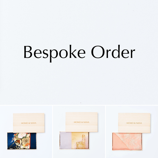 MOMO & NANA bespoke order kimono hijabs and accessories displayed in premium Japanese paulownia wooden gift boxes, representing luxury custom-made traditional craftsmanship.