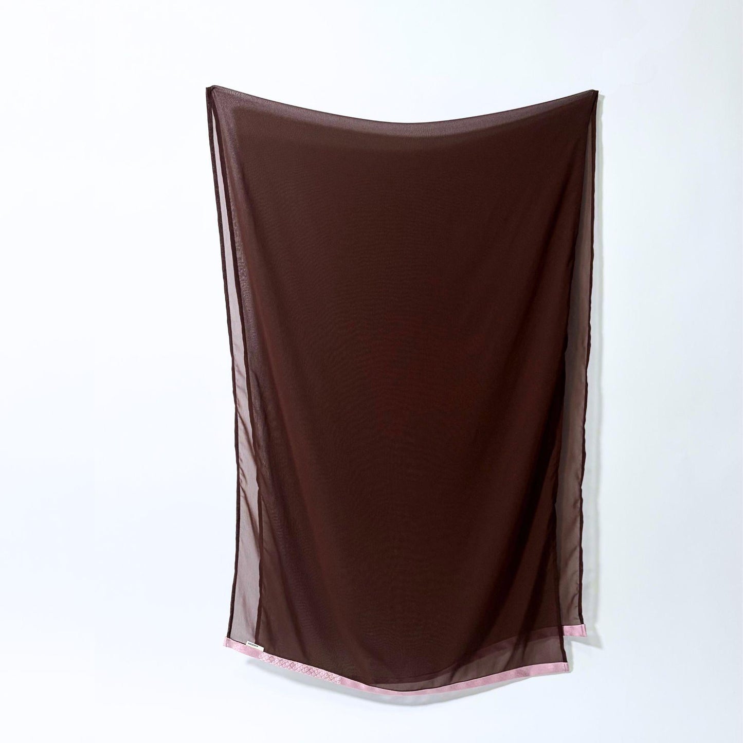 Full view of Earth and Bloom brown sheer kimono hijab, showing the elegant transparent texture and modest draping of 100% upcycled vintage silk.