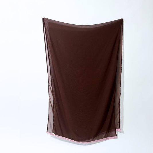 Full view of Earth and Bloom brown sheer kimono hijab, showing the elegant transparent texture and modest draping of 100% upcycled vintage silk.