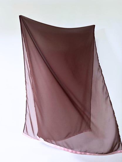 Alternative angle of Earth and Bloom sheer silk hijab, highlighting the warm brown tones and delicate weave of authentic vintage Japanese kimono fabric.