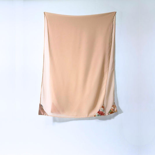 Seasonal Radiance: One-of-a-kind pink kimono hijab and silk scarf featuring traditional Japanese camellia patterns on 100% vintage silk.