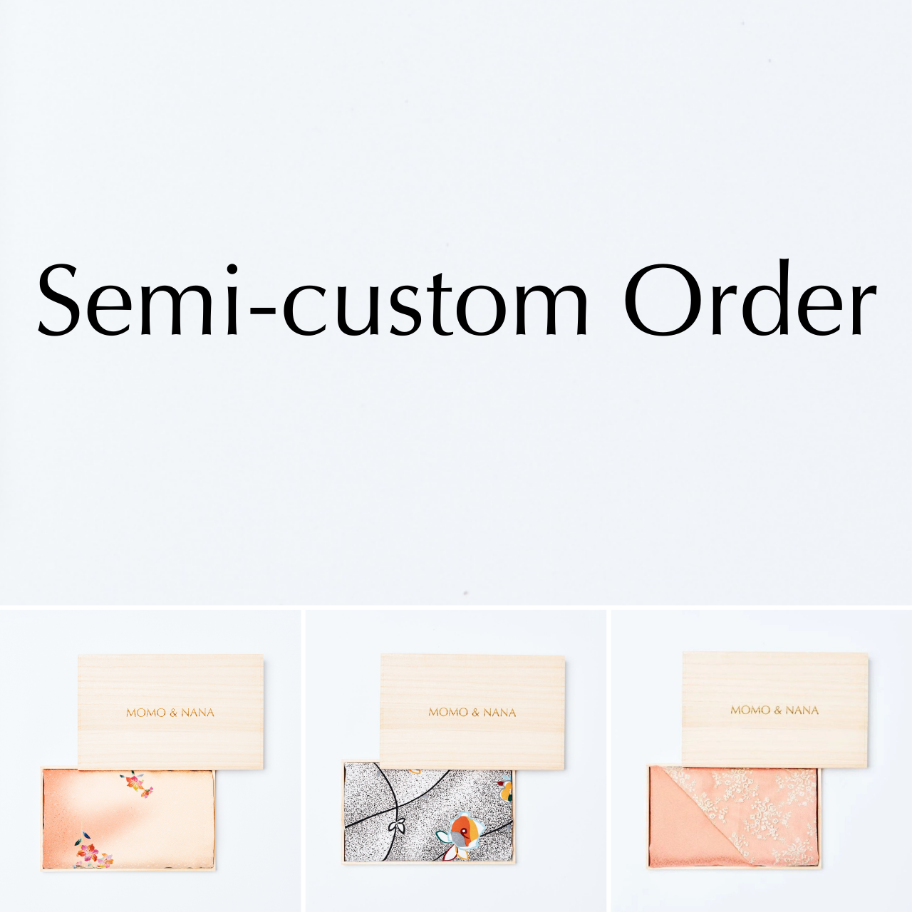 A variety of semi-custom order kimono hijabs by MOMO & NANA, showcasing different traditional patterns in elegant wooden boxes for personalized Japanese style.