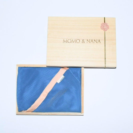 Luxury Summer Dusk blue kimono hijab presented in a traditional Japanese paulownia wood gift box. 100% vintage silk heritage piece.