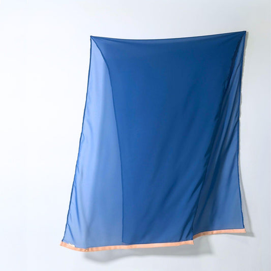Alternative angle of Summer Dusk sheer blue silk scarf hijab, highlighting the elegant drape and deep evening blue tones of upcycled vintage silk.